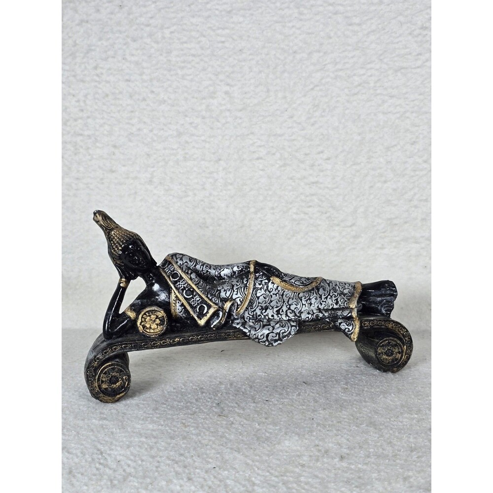 Black Silver Gold Resin Reclining Sleeping Buddha Figurine Tibetin